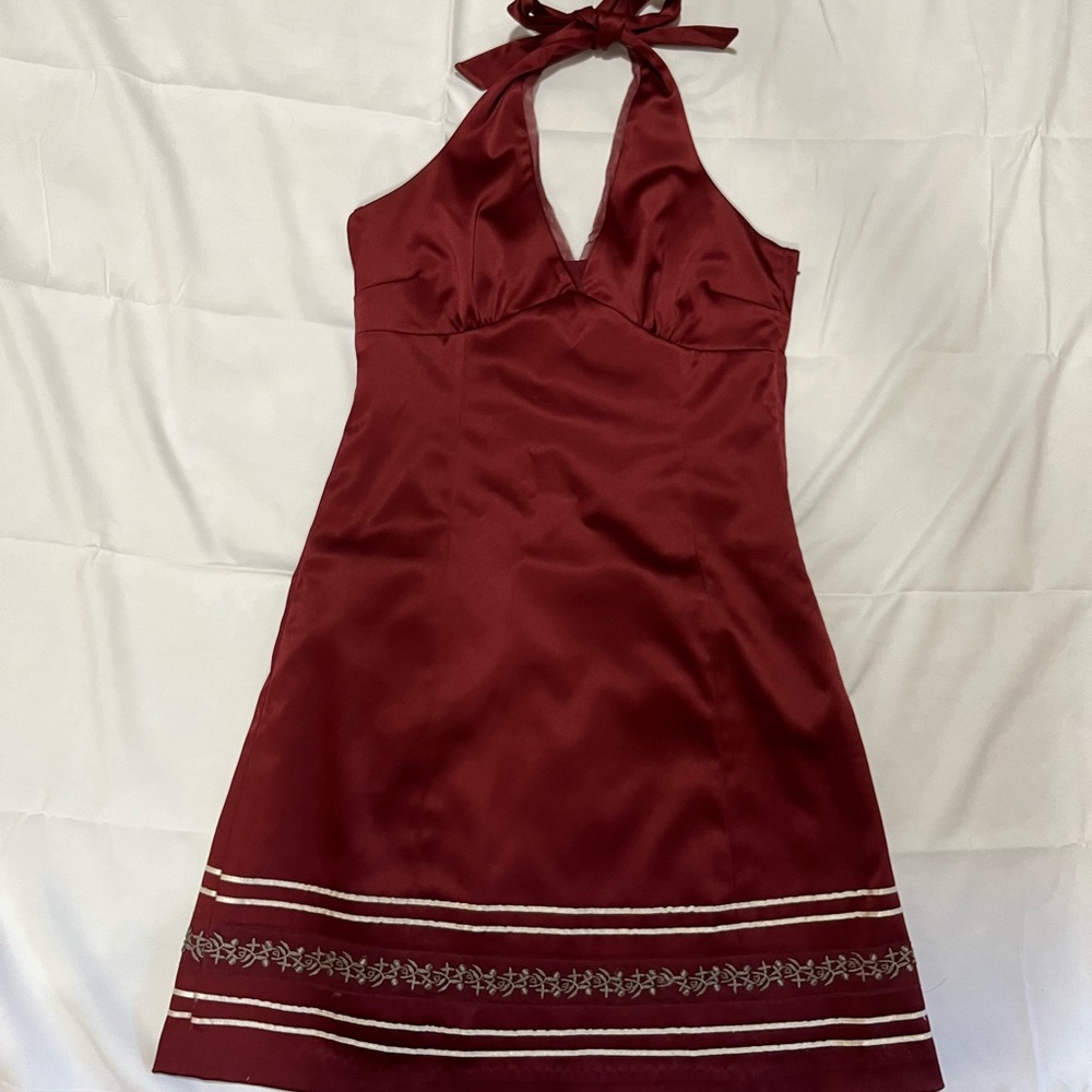 RW&CO. Burgundy Satin Halter Mini Dress with Embroidered Hem